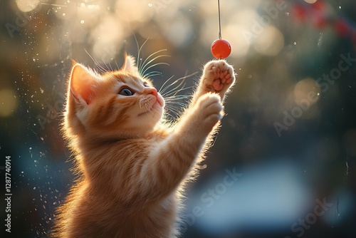 A playful ginger kitten reaching for a dangling red toy ball with its paw
