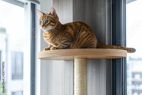 A ginger tabby cat perched on a wooden cat tree, attentively looking outside