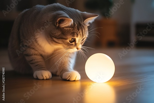 A grey and white cat watching a glowing ball on the wooden floor with curiosity