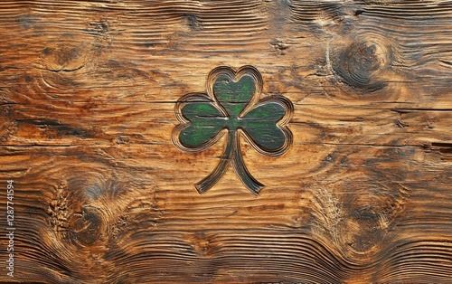 Aged wooden surface with a shamrock carved into the texture for Saint Patricks Day