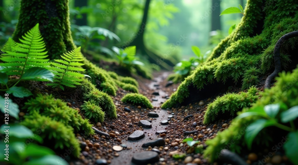 Serene Forest Path Adorned with Moss and Stones A Tranquil Nature Scene Serene Forest Path Adorned with Moss and Stones A Tranquil Nature Scene