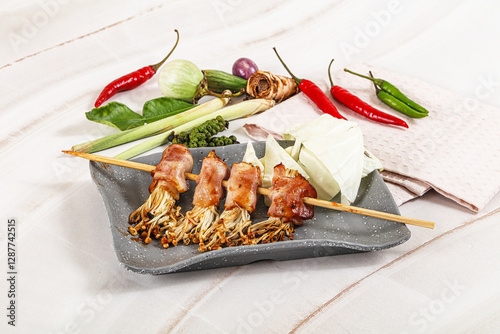 Thai Street foof satay with bacon and mushroom photo