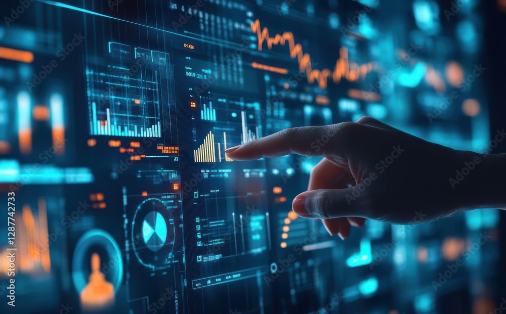 Futuristic interface with data analytics being explored by a hand in a modern workspace Futuristic interface with data analytics being explored by a hand in a modern workspace