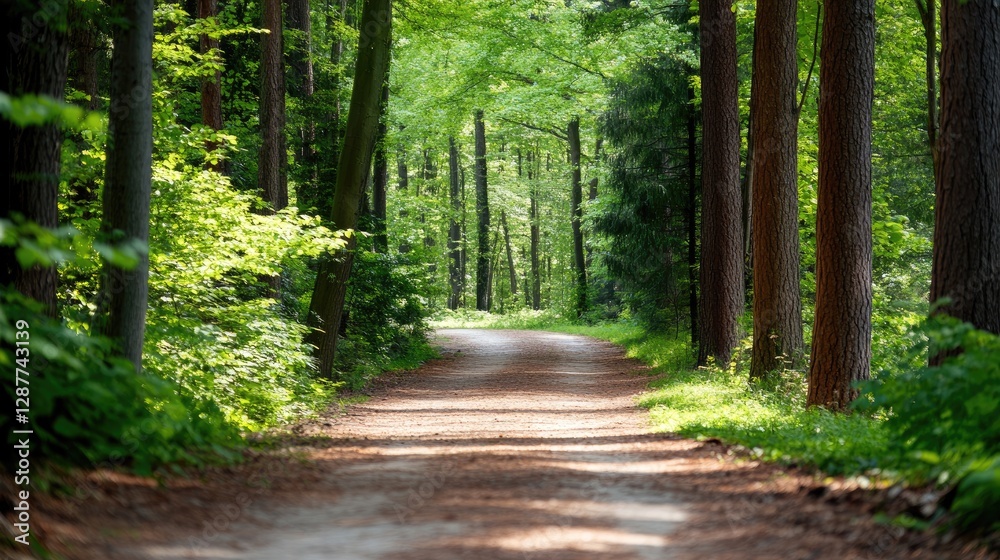 Fototapeta premium Serene Forest Pathway Through Lush Green Trees and Foliage