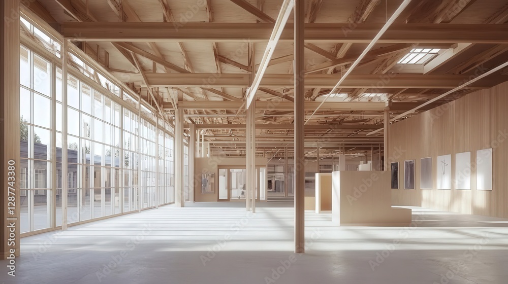 construction of an art gallery building, showcasing exposed beams and the future placement of artwork spaces. construction of an art gallery building, showcasing exposed beams and the future placement of artwork spaces.