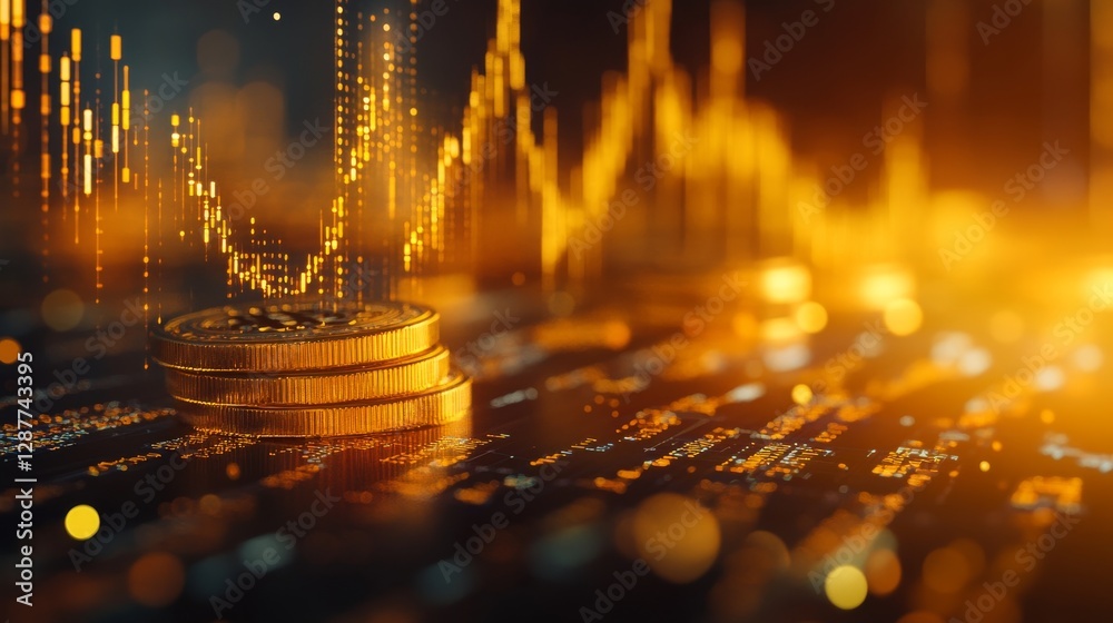 Shimmering gold coin macro shot, dynamic trading graph backdrop, atmospheric lighting, premium render, depth of field blur, financial data visualization, warm ambient glow Shimmering gold coin macro shot, dynamic trading graph backdrop, atmospheric lighting, premium render, depth of field blur, financial data visualization, warm ambient glow