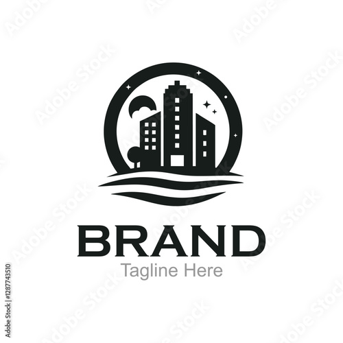 Black and white logo of a city skyline with a moon and stars.
