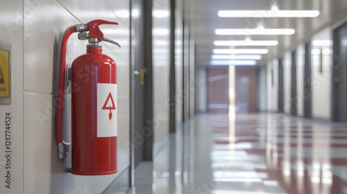 A red fire extinguisher mounted on a wall in a hallway, with polished floors and soft lighting, emphasizing safety and emergency preparedness