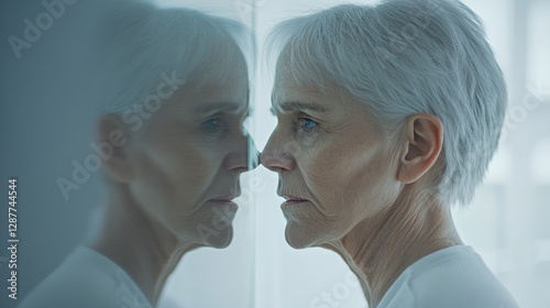 Dementia symptoms in an elderly woman unable to recognize familiar people. Featuring confusion and anxiety