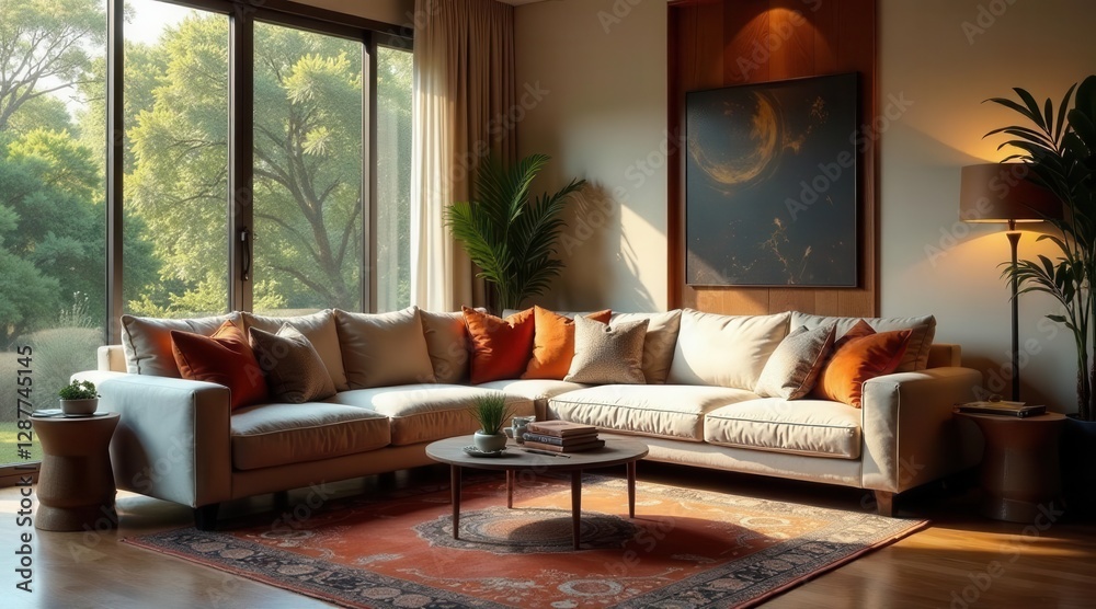 Obraz premium Serene living room with sectional sofa, orange accent pillows, coffee table, and area rug bathed in warm sunlight streaming through large windows