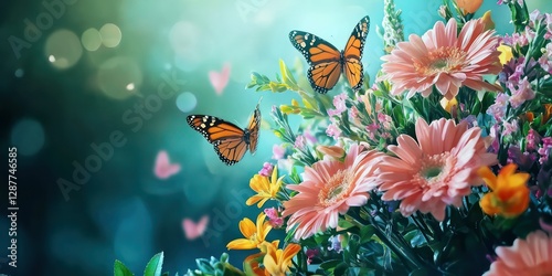 A floral bouquet with butterflies fluttering around it
