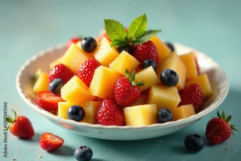 A refreshing summer fruit salad featuring sweet melon cubes, juicy strawberries, and plump blueberries, artfully arranged in a stylish bowl. A refreshing summer fruit salad featuring sweet melon cubes, juicy strawberries, and plump blueberries, artfully arranged in a stylish bowl.
