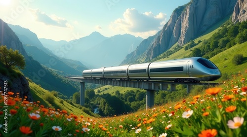 Wallpaper Mural High-speed rail traversing a scenic mountain valley, surrounded by vibrant wildflowers in full bloom Torontodigital.ca