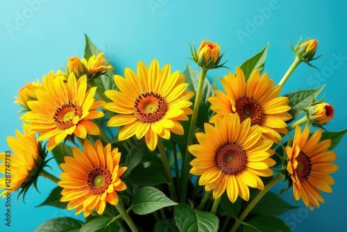 Wallpaper Mural A vibrant bouquet of cheerful sunflowers, their bright yellow petals radiating warmth and joy against a tranquil blue backdrop, symbolizes the beauty of nature's simple gifts. Torontodigital.ca