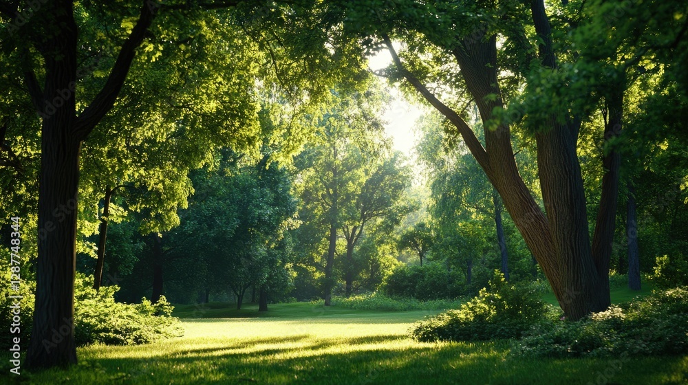 Fototapeta premium Serene Green Forest Scene with Sunlight Filtering Through Foliage