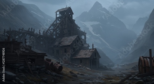 Abandoned wooden mining structure in a valley between mountains