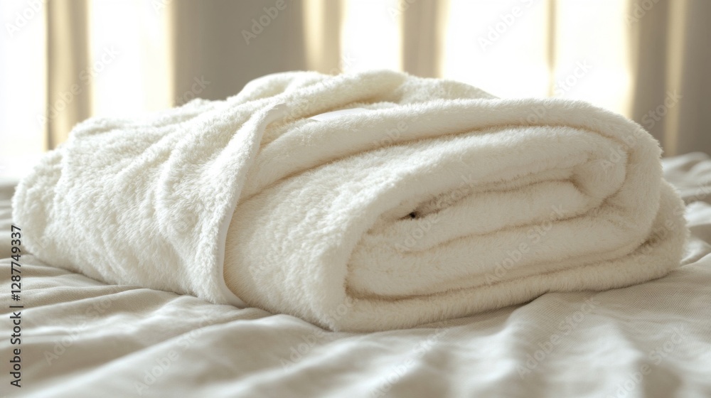 Soft White Fluffy Bathrobe Folded on Bed Soft White Fluffy Bathrobe Folded on Bed