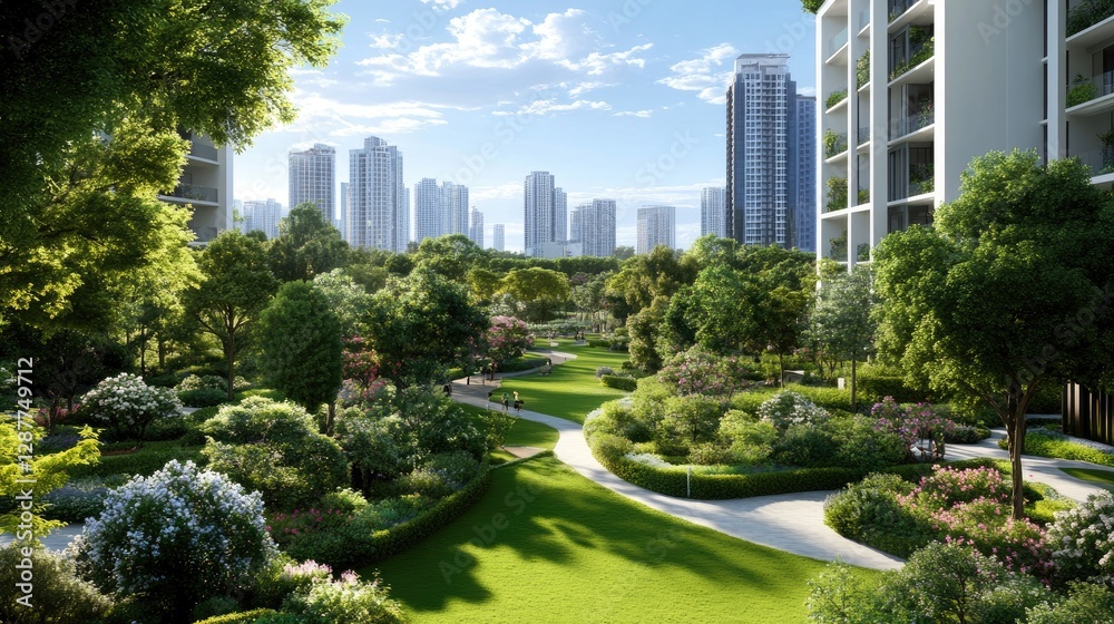 Fototapeta premium Lush Urban Park with Modern Buildings and Vibrant Greenery