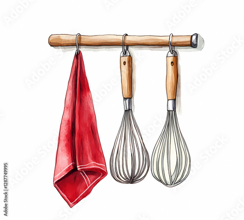 A red towel hangs on a wooden rod with a whisk and a beater hanging from it