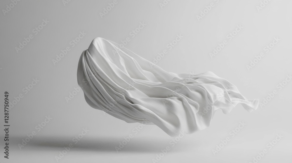 White Fabric Draped in Abstract Waves on a Light Grey Background White Fabric Draped in Abstract Waves on a Light Grey Background