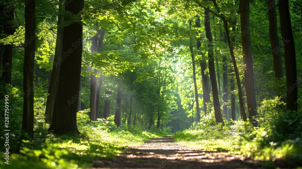 Obraz premium Tranquil Pathway Through Lush Green Forest With Sunlight Filter