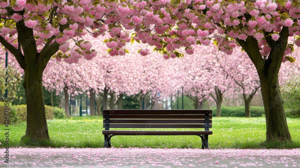 Serene Park Scene with Cherry Blossom Trees and Empty Bench Serene Park Scene with Cherry Blossom Trees and Empty Bench