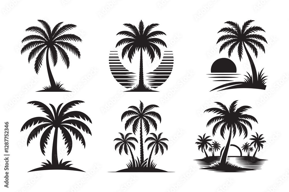 Fototapeta premium Set of palm tree silhouette clipart icon illustration, isolated on white background