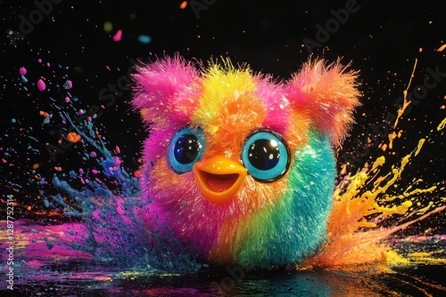 Brightly colored furry creature surrounded by vibrant splashes of paint in an imaginative setting at night