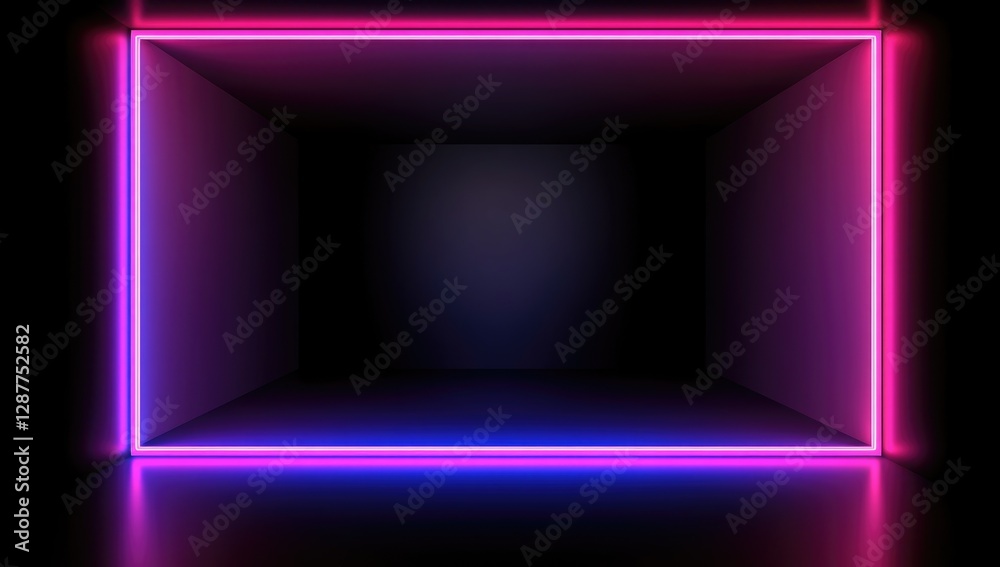 Black background with a neon light frame, a glowing purple and blue rectangle on a dark room wall. Black background with a neon light frame, a glowing purple and blue rectangle on a dark room wall.