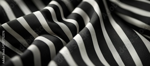 Black and white striped shirt fabric, navy blue with thin stripes, fabric texture, close-up view, fabric material.