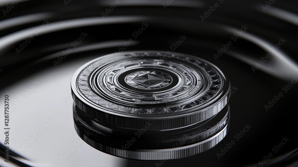 Ultra-detailed numismatic photography, futuristic silver coin, geometric crystalline emblem, concentric ring details, floating presentation, sleek mirrored base, dramatic studio lighting Ultra-detailed numismatic photography, futuristic silver coin, geometric crystalline emblem, concentric ring details, floating presentation, sleek mirrored base, dramatic studio lighting