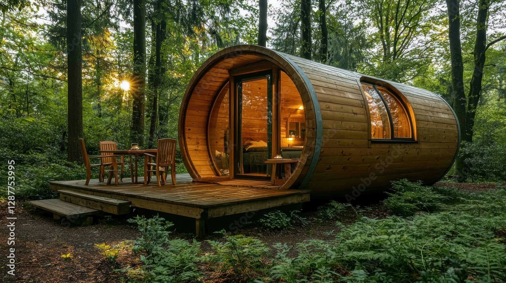 Cozy wooden barrel cabin retreat in forest at dusk. Table on porch for leisure Cozy wooden barrel cabin retreat in forest at dusk. Table on porch for leisure