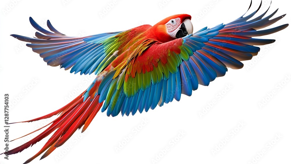Fototapeta premium Stunning Scarlet Macaw in Flight – Vibrant Tropical Parrot with Open Wings