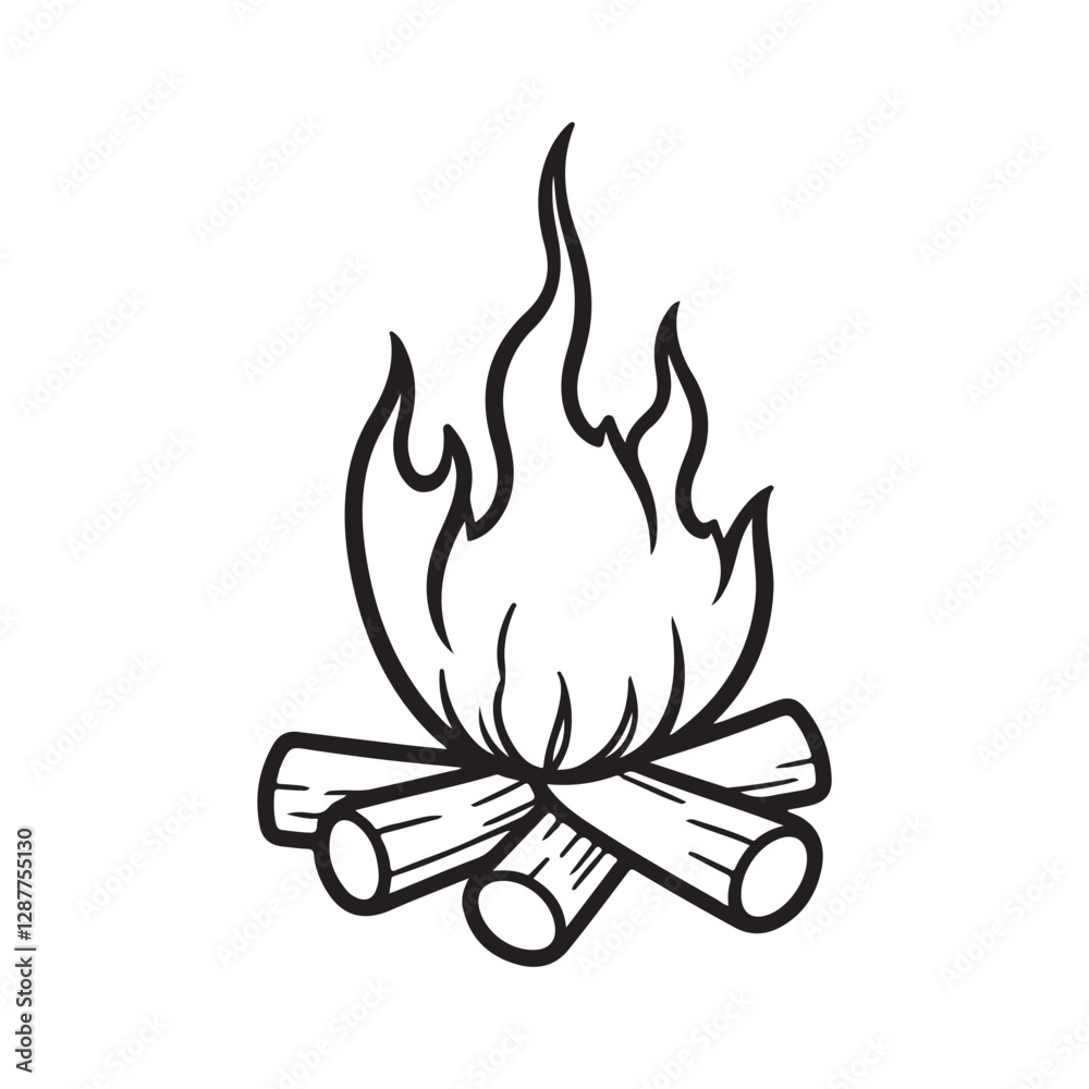 Campfire Icon. Vector Line Illustration of Burning Logs and Flames. Outdoor Camping Bonfire and Warmth Glow. Campsite Firewood Vecto