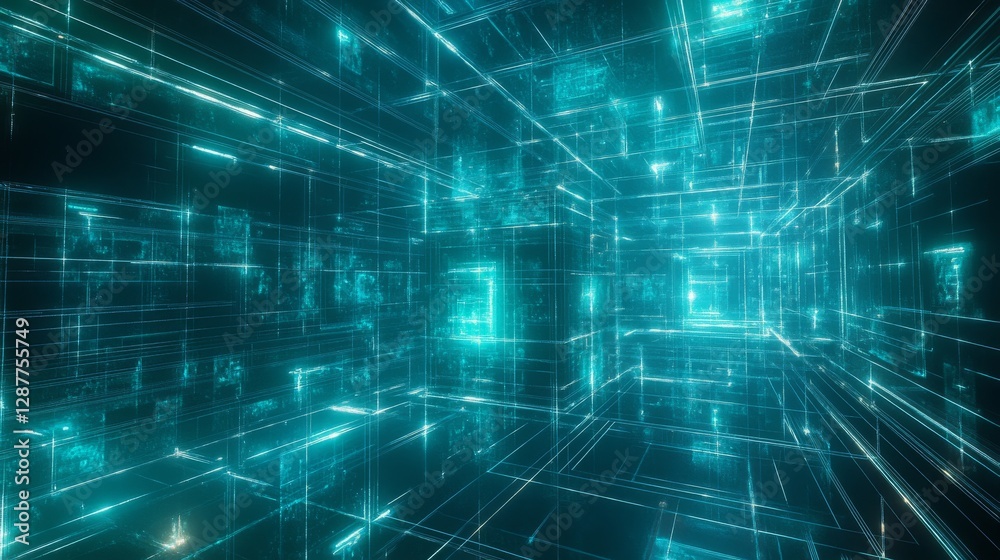 Obraz premium 3D geometric cube framework, iridescent turquoise gradient, neon light connections, deep space background, crystalline node points, volumetric lighting, digital network illustration