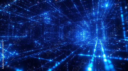 Floating holographic cube structure, connected vertex points, ethereal cyan glow, dimensional grid system, deep indigo backdrop, premium 3D rendering, professional tech art
