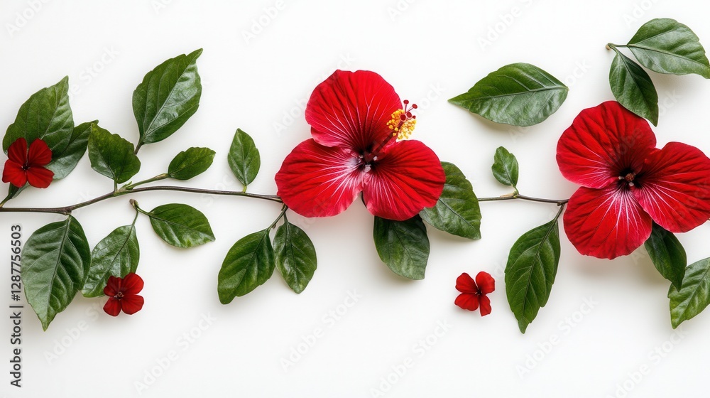 Obraz premium Vivid Red Hibiscus Blooms and Lush Green Foliage on Pristine White Background Botanical Beauty Floral Arrangement Artistic Composition