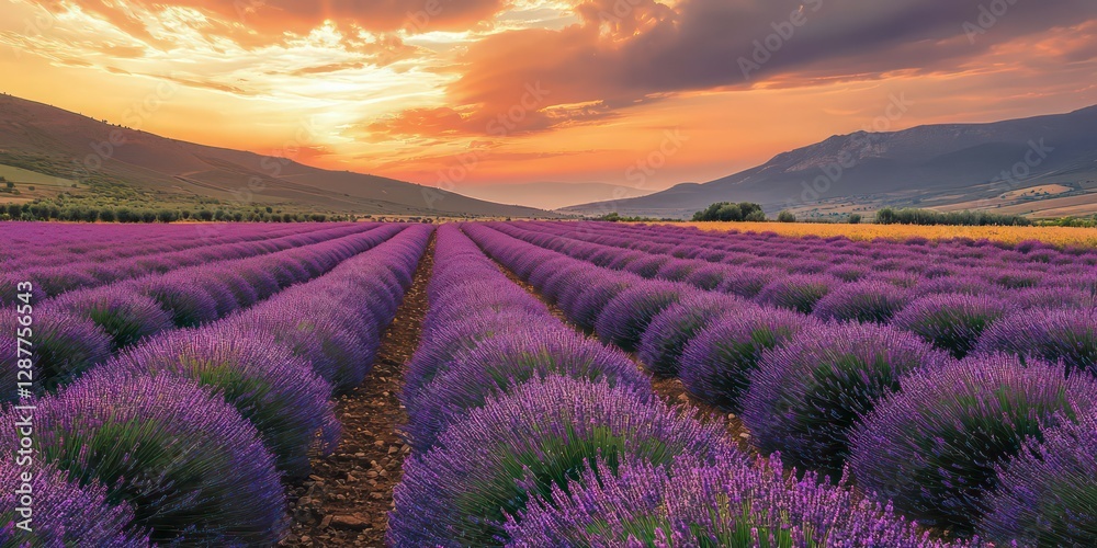 A lavender farm at sunset with rolling purple hills
