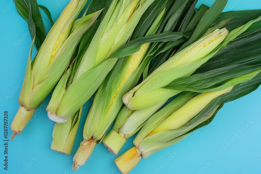 Fototapeta premium Fresh Corn Cobs Showcased On A Light Blue Background