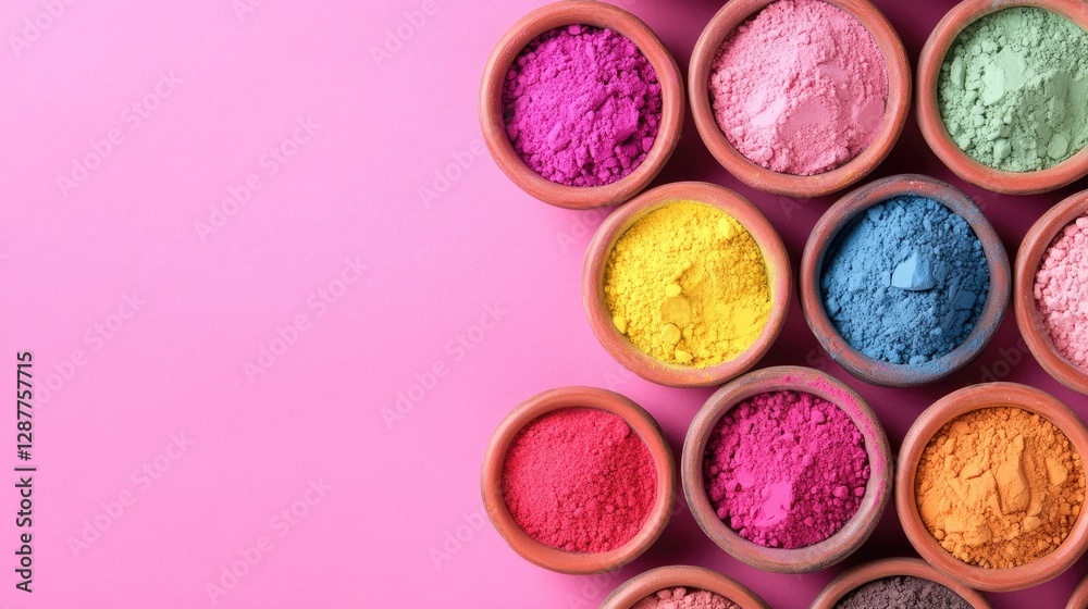 Vibrant Colored Powders in Clay Bowls on Pink Background Vibrant Colored Powders in Clay Bowls on Pink Background