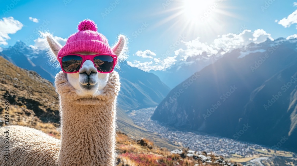 Fototapeta premium Llama wearing pink sunglasses and a knit hat with mountains and valley in background under bright sunlight, playful animal fashion concept