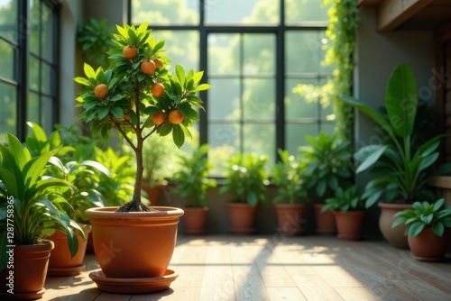 Sunlit Indoor Garden with Miniature Citrus Tree in Terracotta Pot