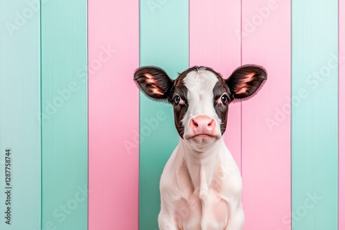 Cute calf standing against a colorful pastel wall in a studio setting, showcasing its playful expression and charm photo