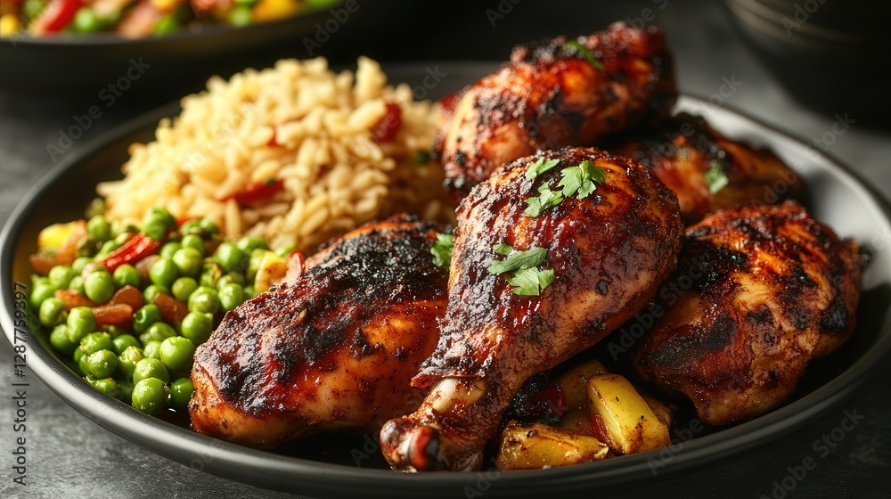 Jamaican jerk chicken, grilled and marinated in a spicy, smoky seasoning, served with rice and peas. Jamaican jerk chicken, grilled and marinated in a spicy, smoky seasoning, served with rice and peas.