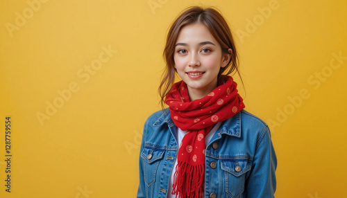 Charming girl in blue jacket and red scarf posing against bright yellow background.
