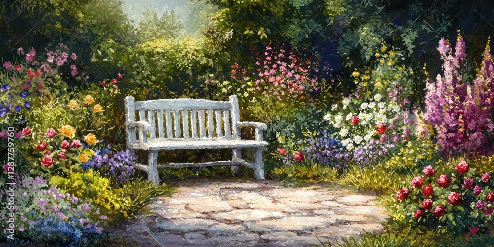 A peaceful garden bench surrounded by blooming flowers A peaceful garden bench surrounded by blooming flowers