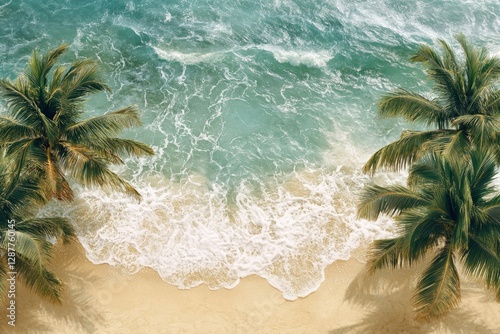 Aerial View of Tropical Beach with Palm Trees and Turquoise Ocean Waves on Sandy Shore Paradise