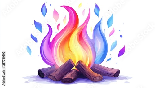Colorful campfire clip art, white background, simple watercolor hand-painted illustration of bonfires with purple flames