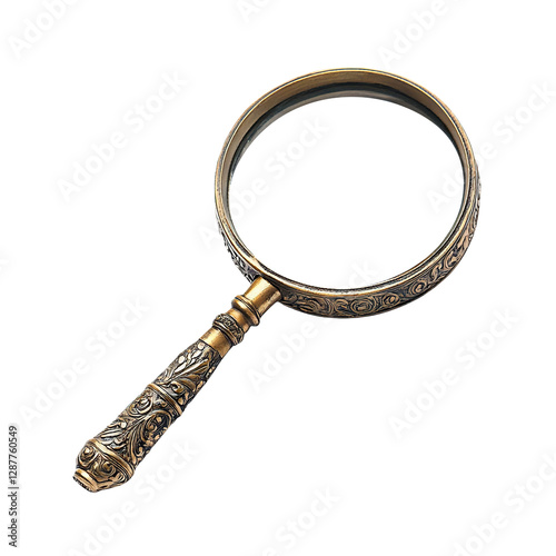 Antique golden magnifying glass with decorative handle, isolated on transparent cutout background