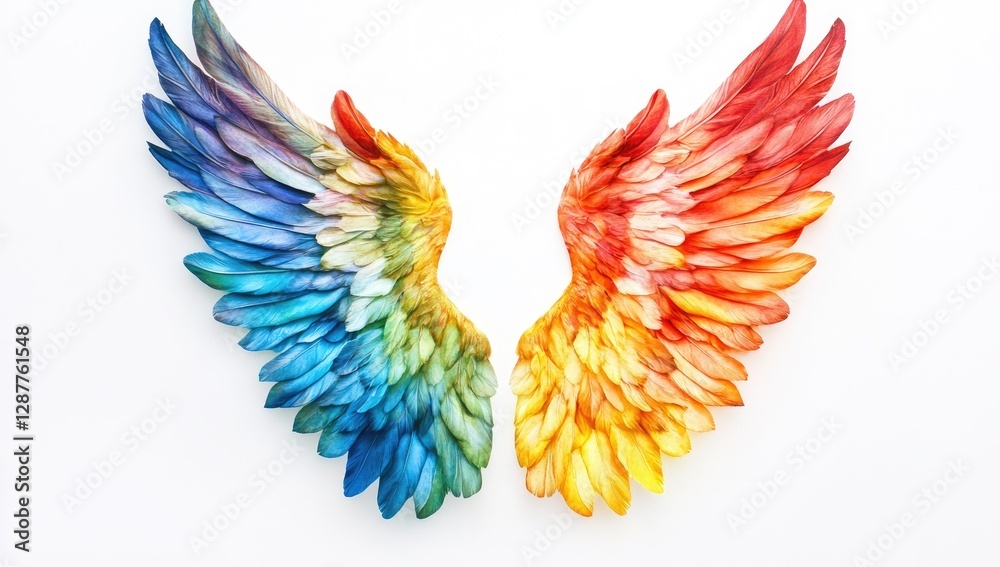 Fototapeta premium Colorful, rainbow-colored angel wings isolated on a white background, in a simple and minimalistic style